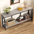 IBF Narrow extra long Sofa Console Table, 63 Inch Modern Entryway Table Behind Couch with Storage shelf, 2-Tier Industrial Wooden Metal Hallway Accent Sofa Tables for Living Room Foyer, Light Grey Oak
