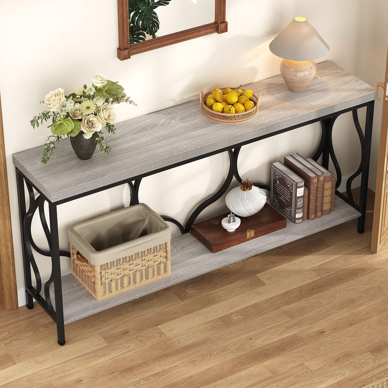 IBF Narrow extra long Sofa Console Table, 63 Inch Modern Entryway Table Behind Couch with Storage shelf, 2-Tier Industrial Wooden Metal Hallway Accent Sofa Tables for Living Room Foyer, Light Grey Oak