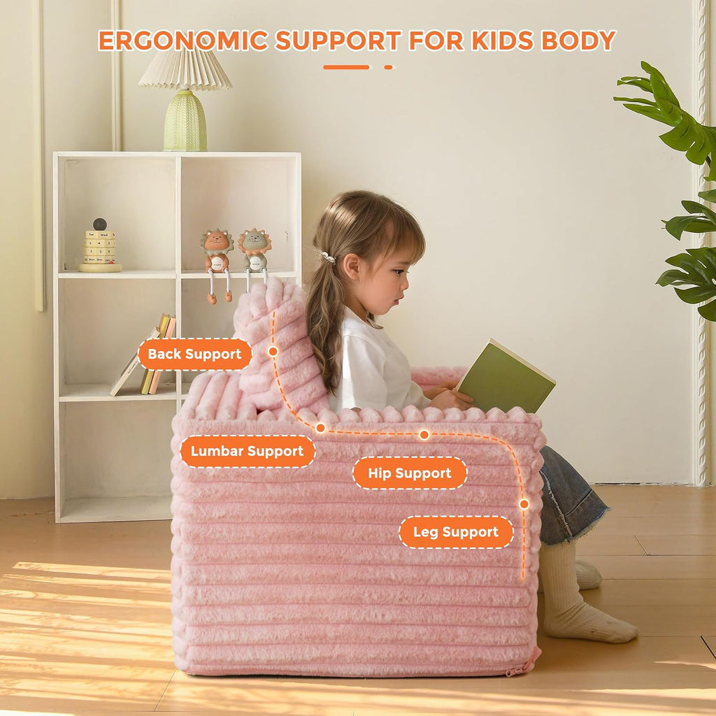 MAXYOYO Kids Bean Bag Chair, Comfy Upholstered Bean Bag Sofa with Filler | Faux Fur Floor Sofa with Pillows and Armrests, Lazy Floor Chair Couch for Boys and Girls, Pink