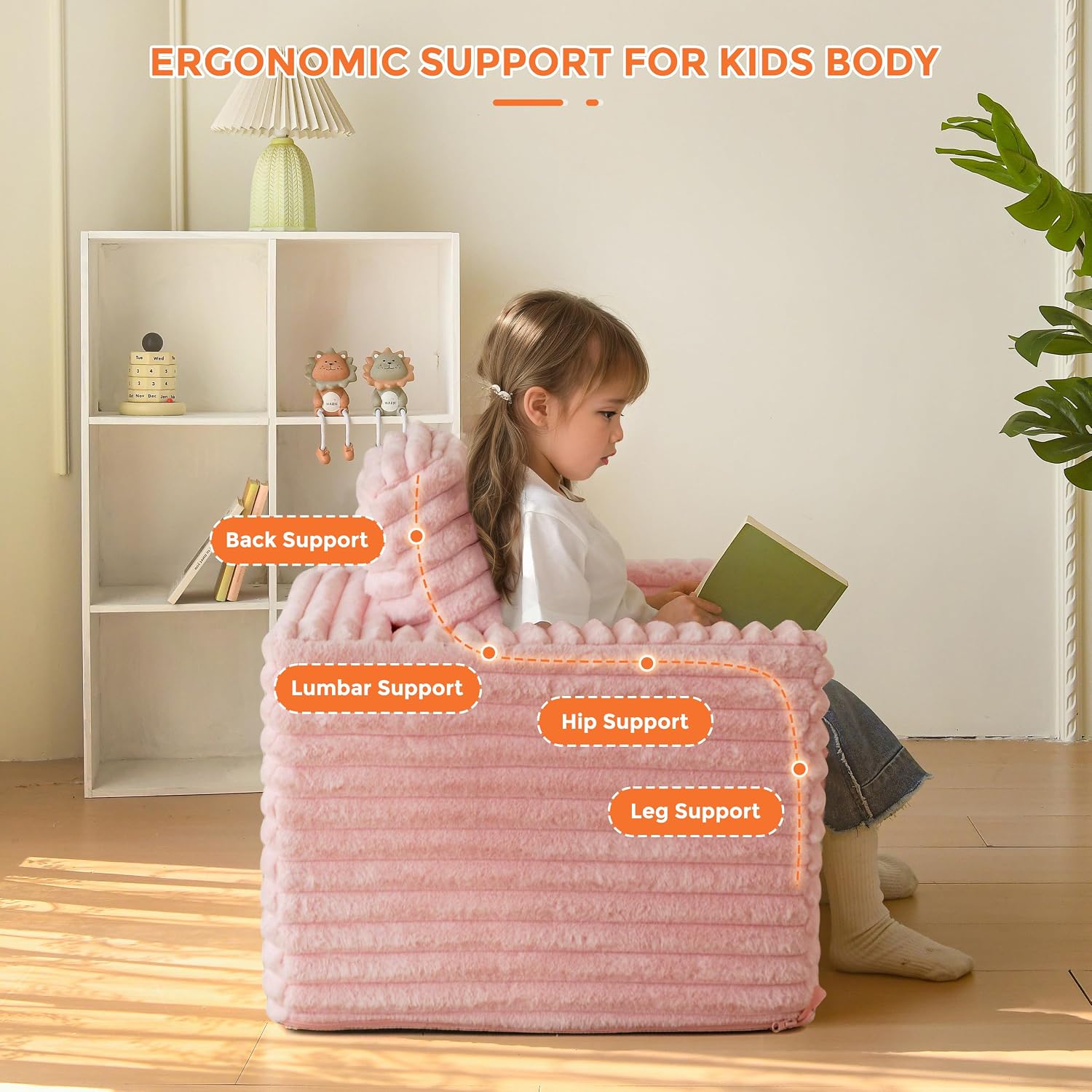 MAXYOYO Kids Bean Bag Chair, Comfy Upholstered Bean Bag Sofa with Filler | Faux Fur Floor Sofa with Pillows and Armrests, Lazy Floor Chair Couch for Boys and Girls, Pink
