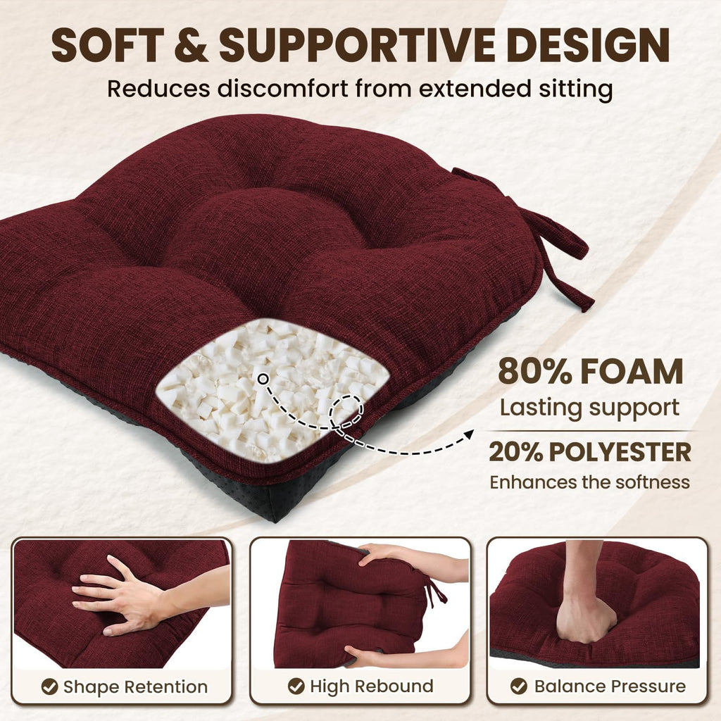 downluxe Indoor Chair Cushions for Dining Chairs, Tufted Overstuffed Textured Kitchen Chair Pads with Ties and Non-Slip Backing, 15.5" x 15.5" x 4", Burgundy, 6 Pack