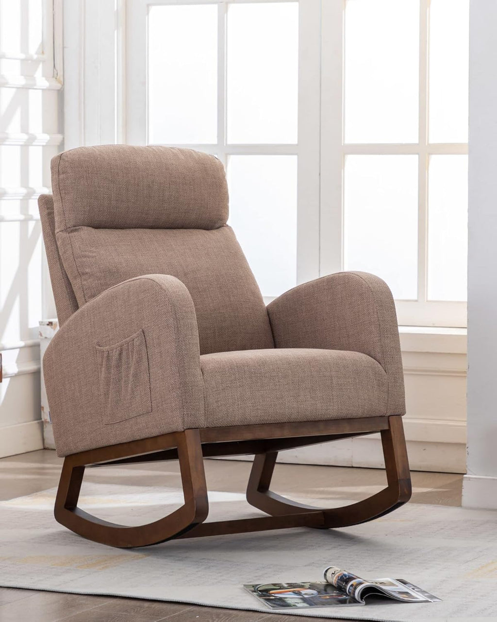 Rocking Accent Chair for Nursery, Upholstered Glider Nursery Chair with Breathable Fabric for Bedroom, Living Room, Camel