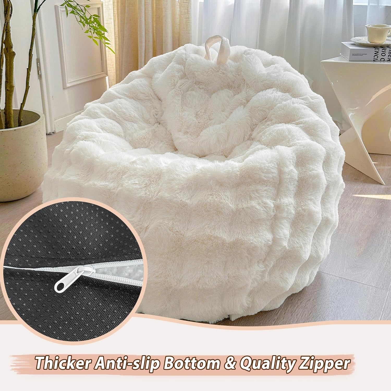 LIFEREVO Fluffy Faux Rabbit Fur Bean Bag Cover (No Filler), Big Luxury Fuzzy Stuffed Animal Storage Bubble Large Bean Bag Chair Home Decor, Comfy Shaggy Furry Beanbag Cover Kids Girls Adults, Beige
