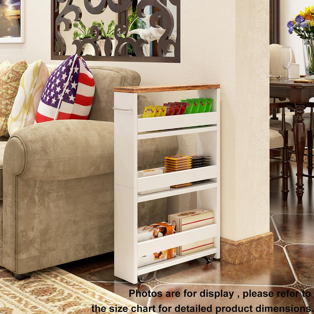 TEAMIX 4 Tier White Slim Storage Cart with Handle, Slide Out Storage Rolling Utility Cart Mobile Shelving Unit Organizer Trolley for Small Spaces Kitchen Laundry Narrow Places