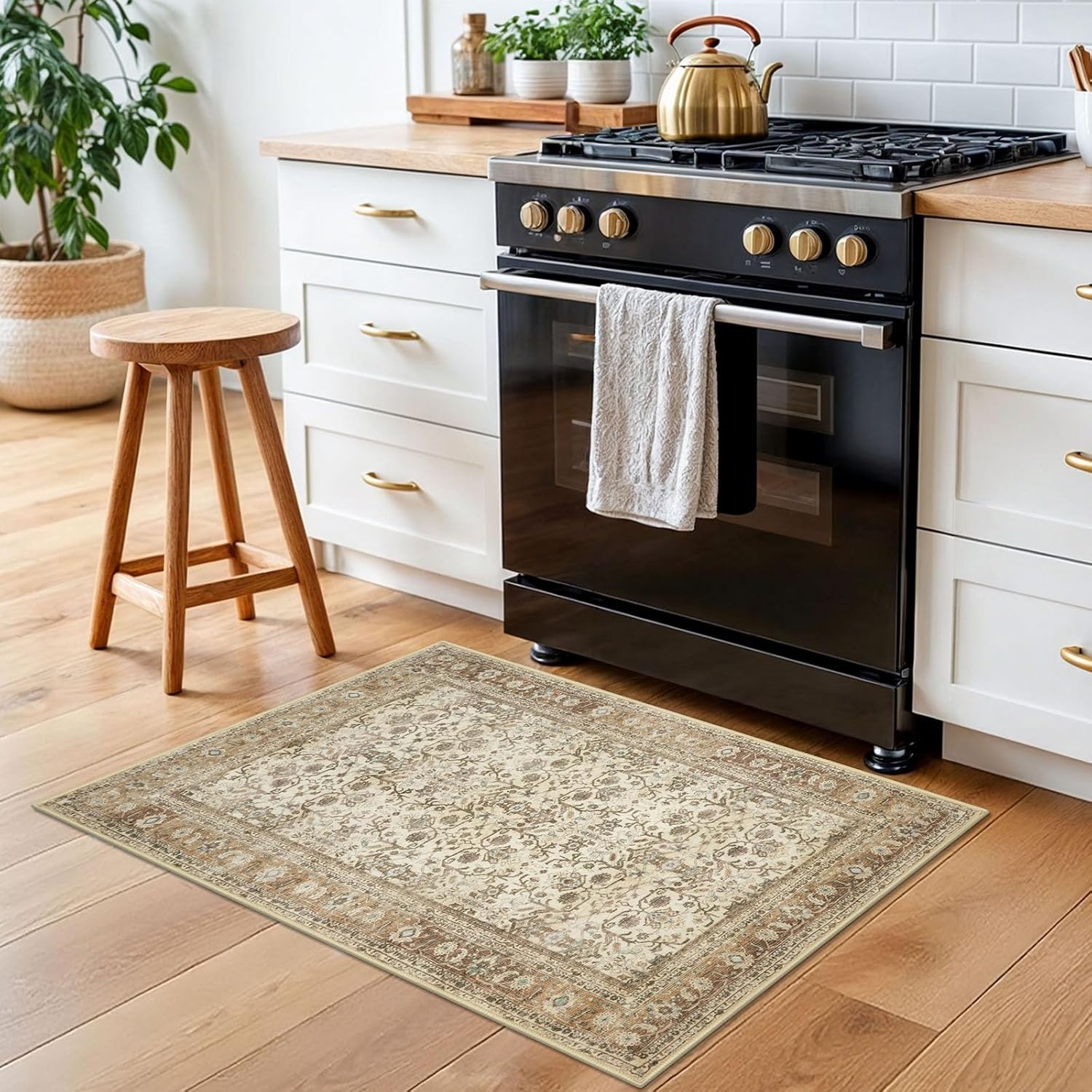 SIILOOM 2x3 Washable Rug Soft Area Rug for Entryway, Beige Brown Non-Slip Indoor Door Mat Tribal Floral Low-Pile Kitchen Rugs, Vintage Tribal Carpet for Entrance Kitchen Farmhouse