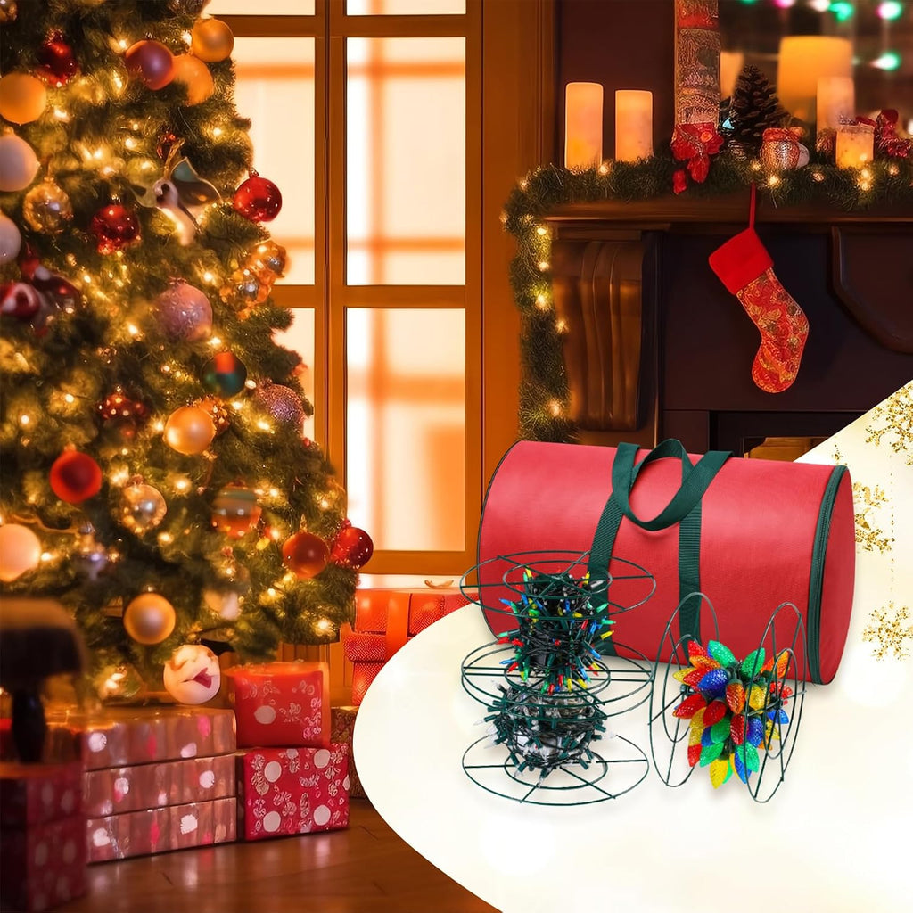 Christmas Light Storage Reels - 3 Metal Spools & Durable Oxford Bag for Holiday Cord Wire Organization