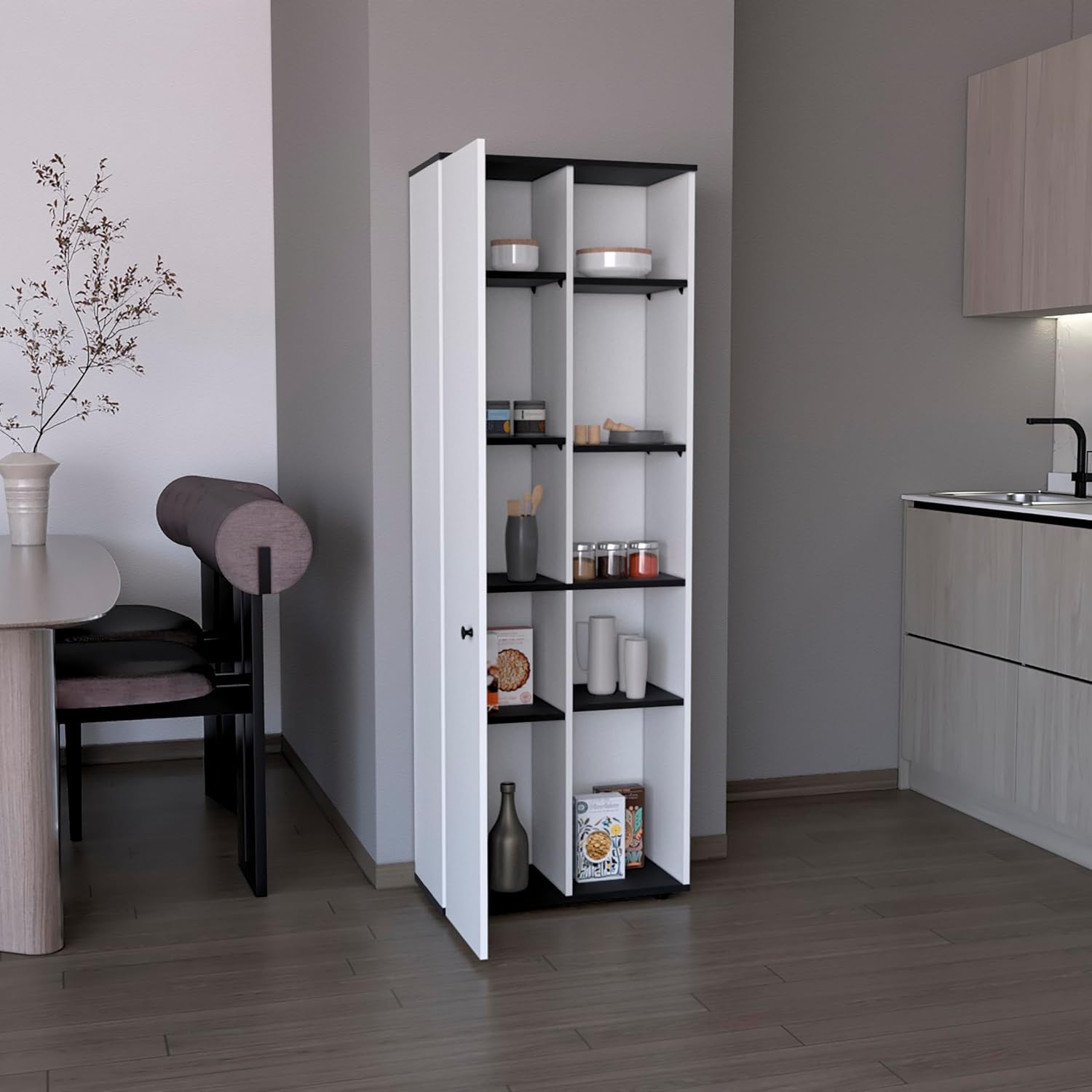 Compact 67" Kitchen Storage Cabinet, 10 Shelves, White & Black, Pantry Organizer