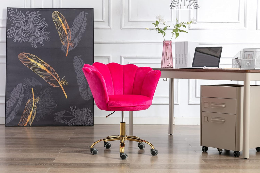 Comfy Home Office Task Chair with Wheels, Cute Modern Upholstered Velvet Seashell Back Adjustable Swivel Vanity Desk Chair, for Women, for Girls,Living Room (Rose red)