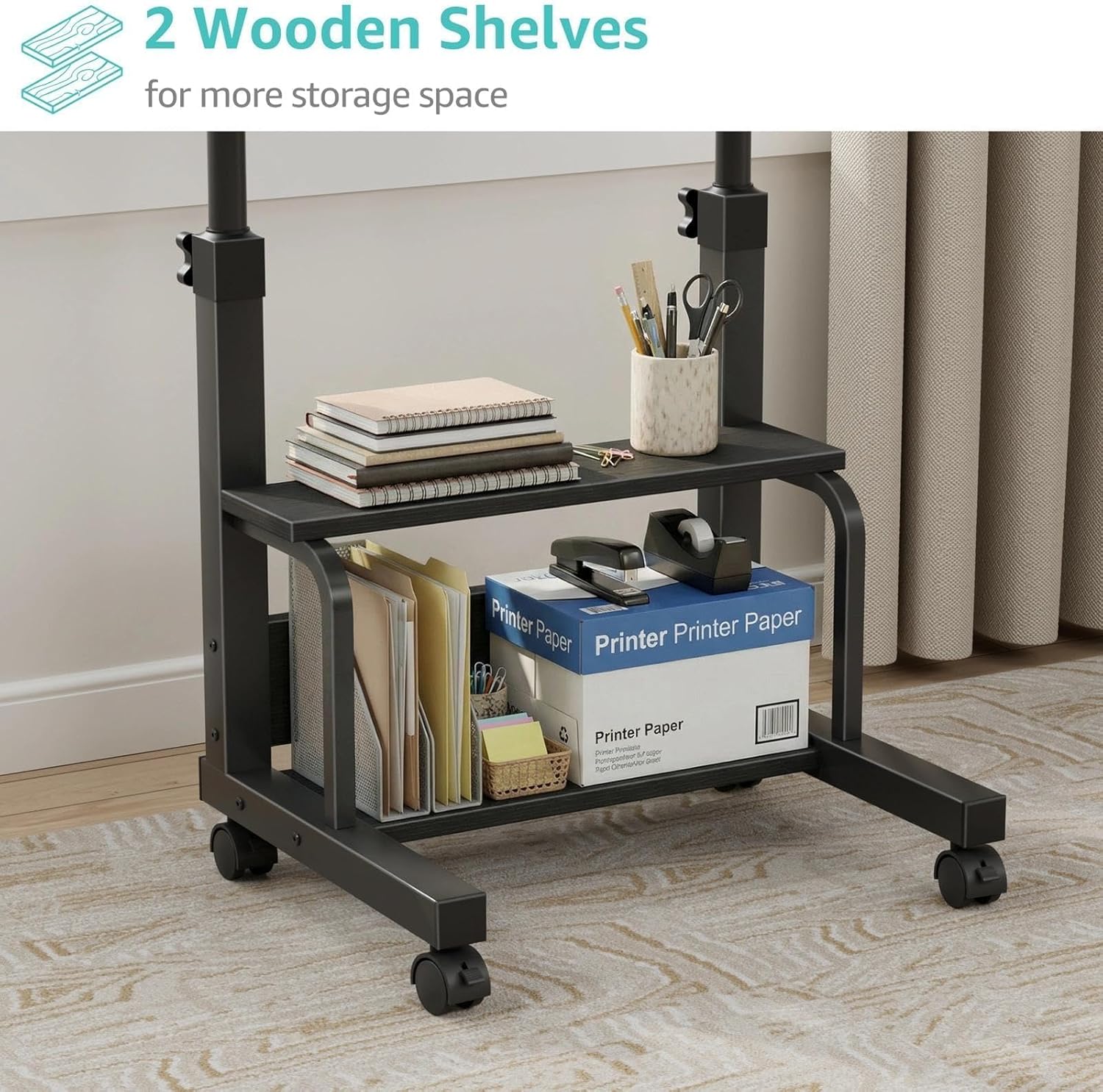 WINAZ Small Rolling Desk for Small Spaces - 24" Portable Kids Desk with Wheels, Height Adjustable C Shaped Side Table Mobile Laptop Desks with 2-Tier Storage Shelves for Bed Sofa, Black