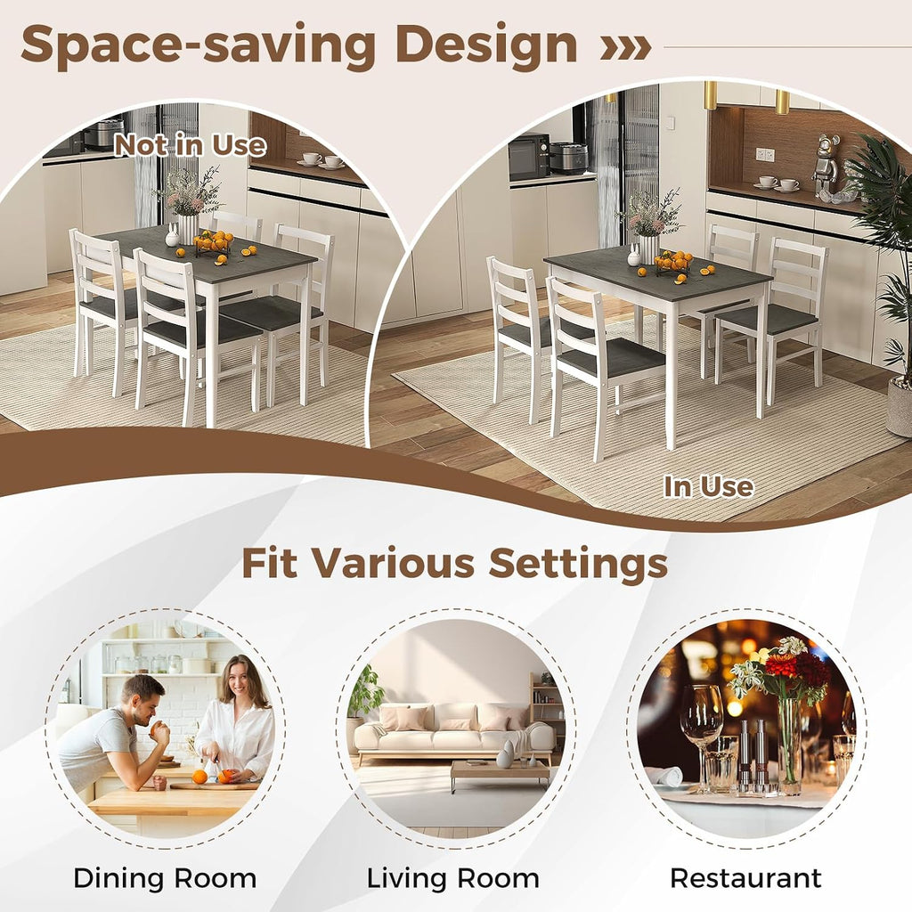 COSTWAY Dining Table Set for 4, 5-Piece Dinette Set with Rubber Wood Legs, Anti-Slip Pads & Space-Saving Design, Farmhouse Kitchen Table and Chairs for Kitchen, Apartment, Studio