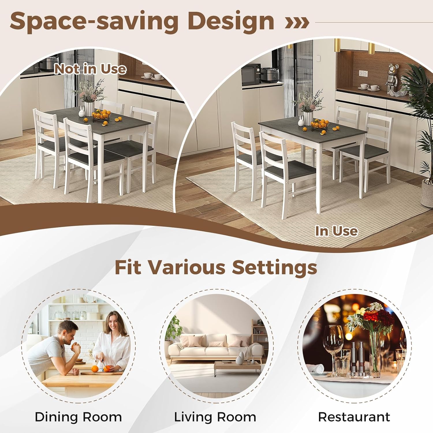 COSTWAY Dining Table Set for 4, 5-Piece Dinette Set with Rubber Wood Legs, Anti-Slip Pads & Space-Saving Design, Farmhouse Kitchen Table and Chairs for Kitchen, Apartment, Studio
