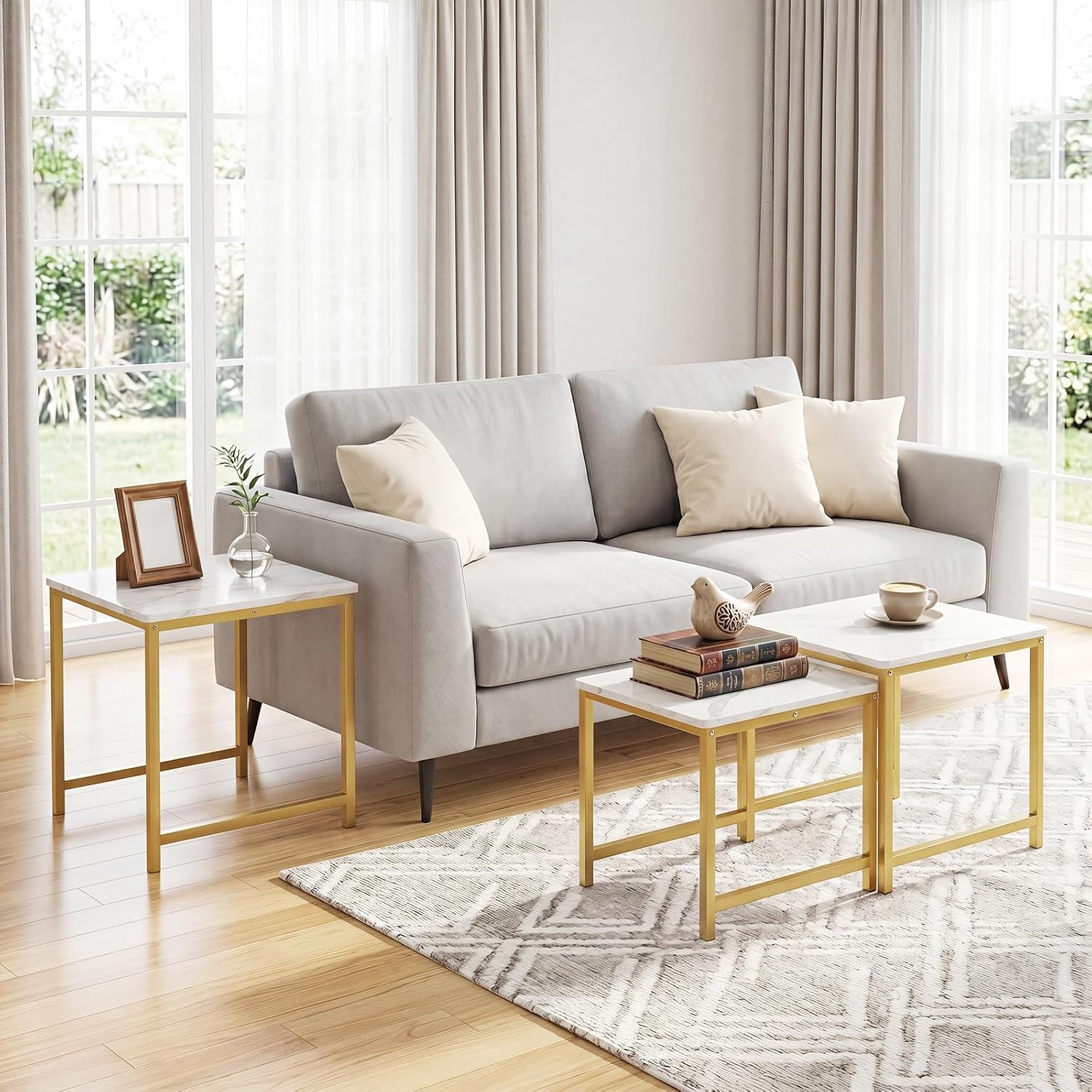 Giantex Nesting Coffee Table Set of 3, Small Center Tables, White | Faux Marble Coffee Table with Metal Frame, Space-Saving Stacking End Table for Small Space