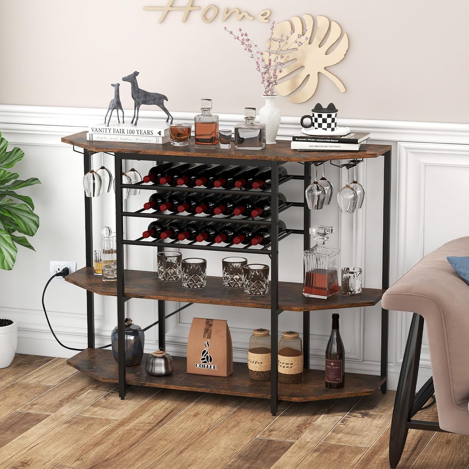 COSTWAY Wine Bar Cabinet, 3-Tier Liquor Cabinet with Power Outlets, Wine Bottle Racks, Glass Holders, Coffee Bar Cabinet, Freestanding Mini Bar Table for Kitchen, Dining Room, Pub (Rustic Brown)
