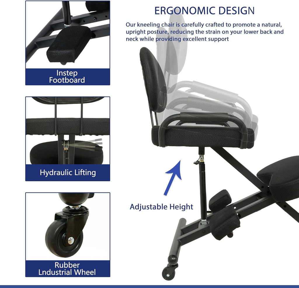 Ergonomic Kneeling Chair with Back Support and Foot Pedals — Adjustable Posture Stool for Back Pain Relief, Rolling Kneeling Chair for Home & Office, Extra Comfort Cushion, Angled Design