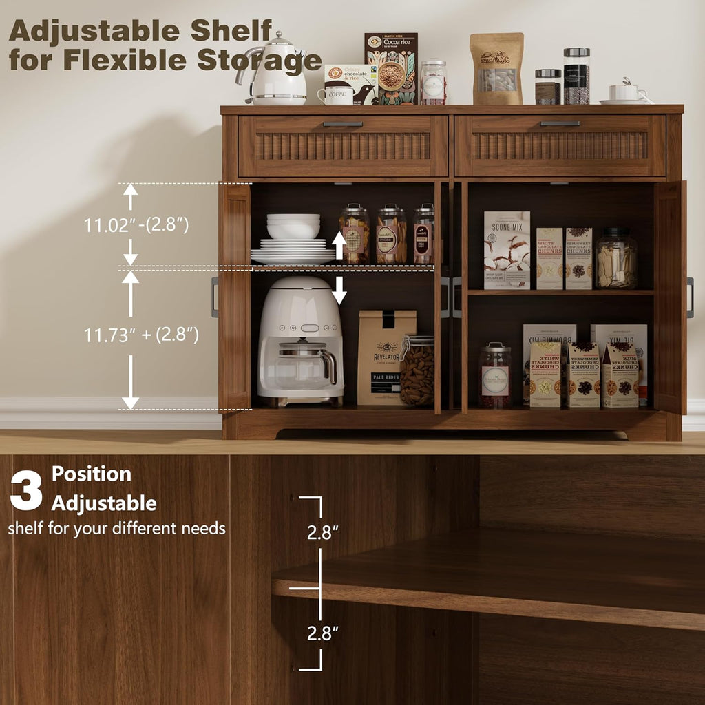 Buffet Cabinet with 2 Storage Drawers, Farmhouse Coffee Bar Table with Storage and Adjustable Shelf, 47.2" Wide Fluted Sideboard Cabinet for Kitchen, Dining Room, Living Room, Entryway, Modern Walnut