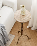 Adjustable Height Round Pedestal Table - 22-30 Inch, Modern Martini Cocktail End Table with Natural Travertine Top & Antique Brass Base for Small Spaces Living Room, Bedroom (Noche Travertine)