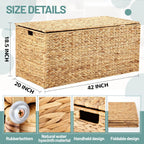 Wonderjune 42 x 20 x 18.5'' Water Hyacinth Wicker Storage Trunk with Metal Frame, Heavy Duty Storage Chest with Lid Large Rattan Basket for Blankets, Seasonal Clothes, Extra Bedding (Natural,Flat Lid)