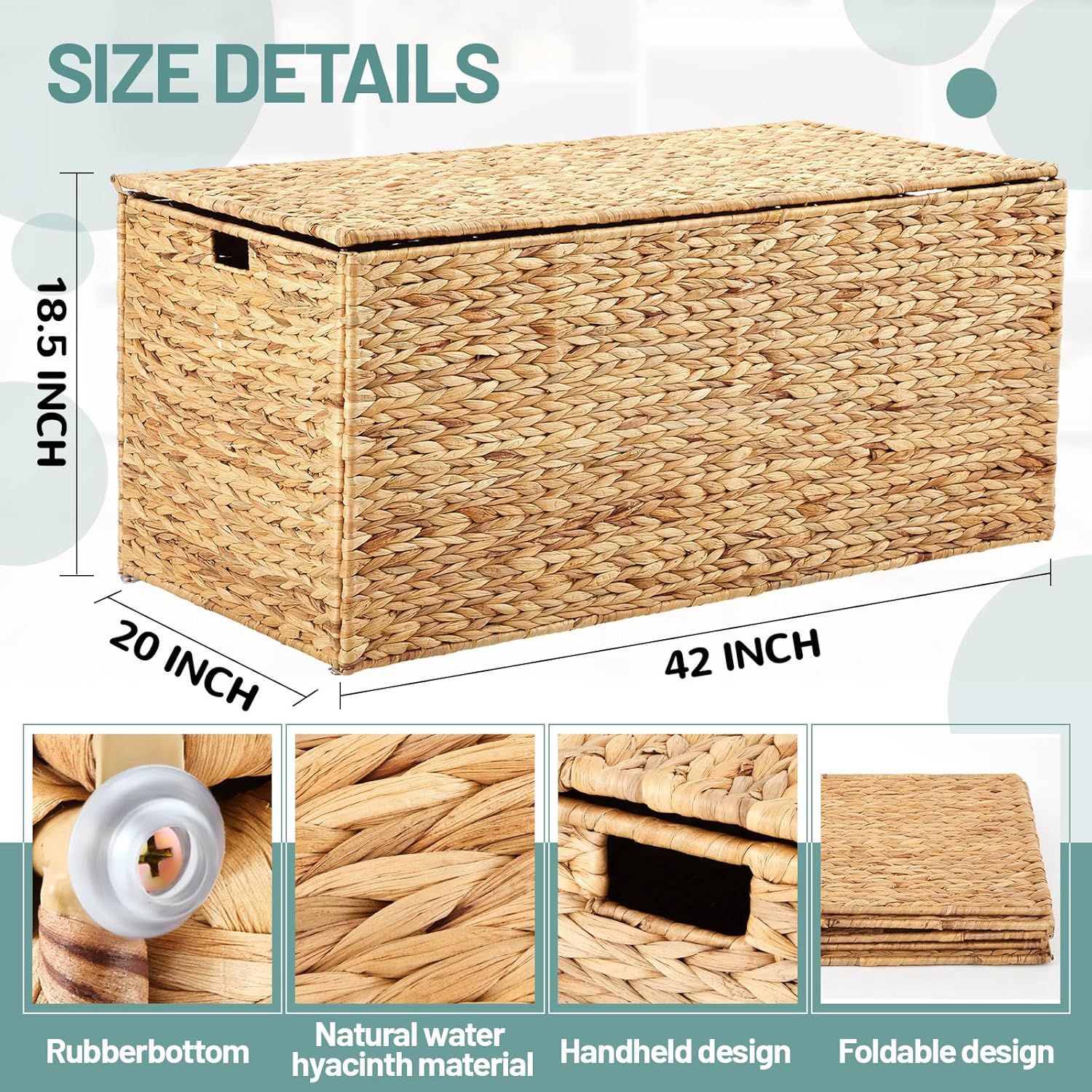 Wonderjune 42 x 20 x 18.5'' Water Hyacinth Wicker Storage Trunk with Metal Frame, Heavy Duty Storage Chest with Lid Large Rattan Basket for Blankets, Seasonal Clothes, Extra Bedding (Natural,Flat Lid)