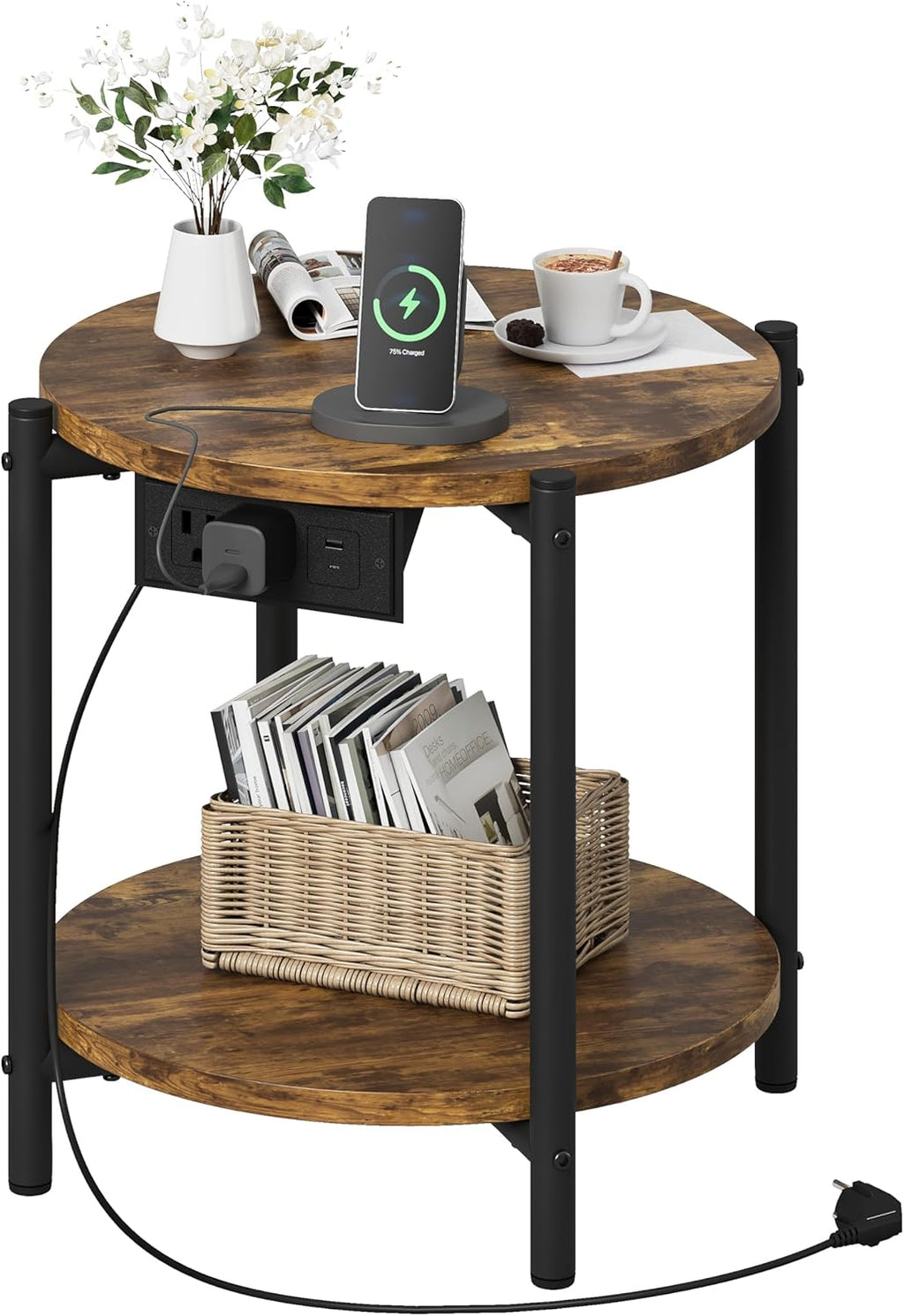 LIKIMIO Round End Table with Charging Station, 15.8" Side Table for Small Spaces, 2-Tier Industrial Nightstand with 77 lbs Load Capacity, Rustic Brown
