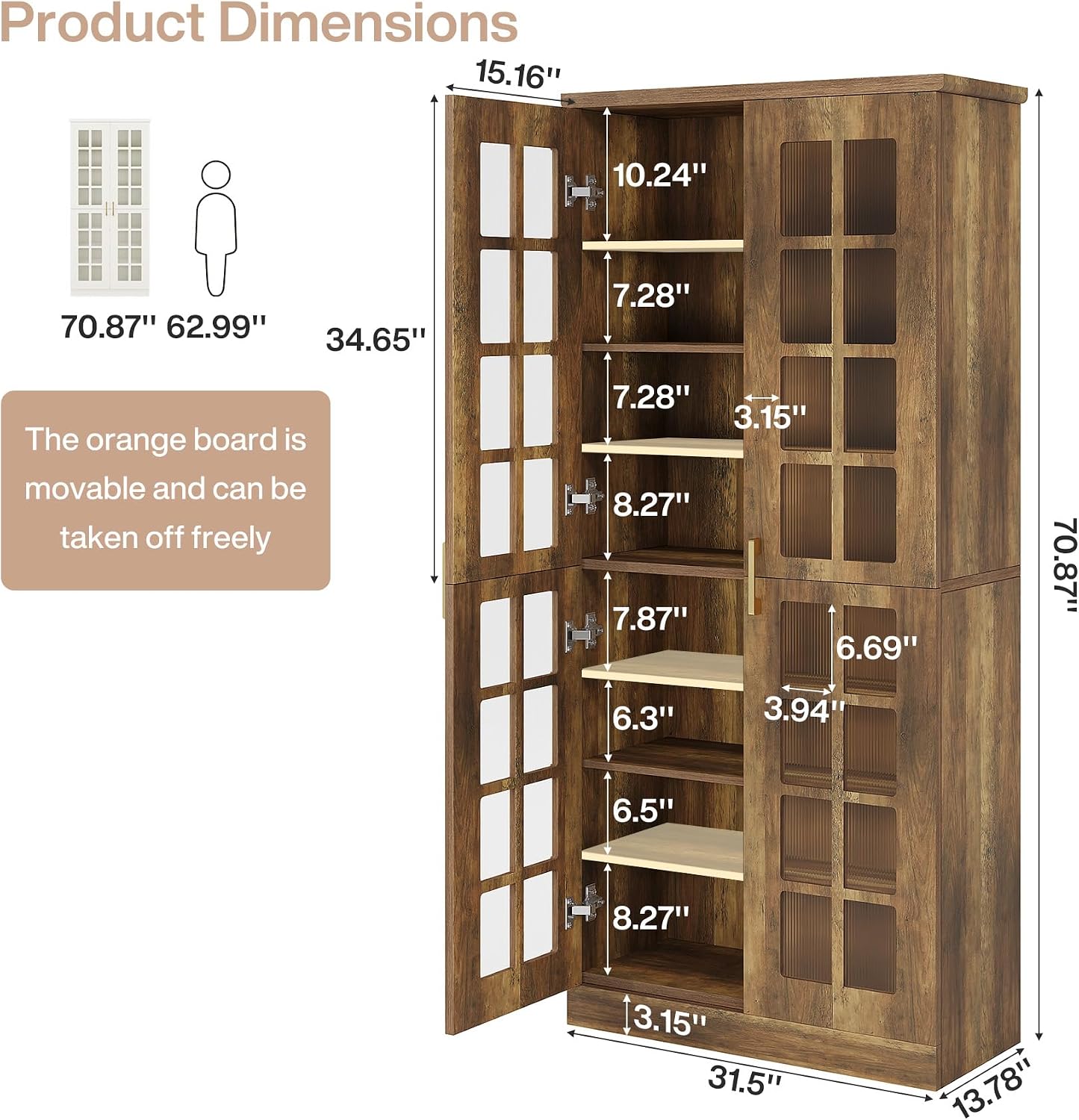Tribesigns 71" Tall Kitchen Pantry Cabinet with Doors and Adjustable Shelves, Modern Rustic Storage Cabinet Wooden Cabinet for Kitchen, Dining Room, Rustic Brown