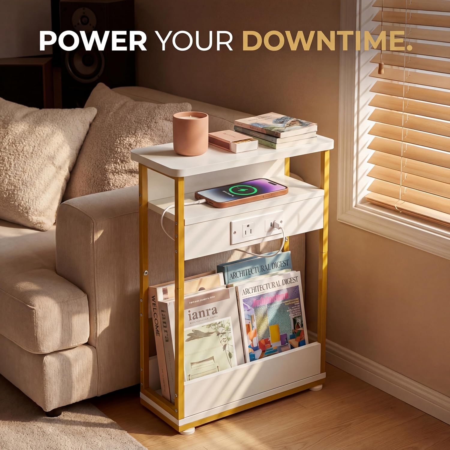 YEAKOO Narrow Side Table with Charging Station, 3-Tier End Table with 2 USB Ports & Power Outlets, Thin Sofa Side Table for Small Spaces, Bedside Table Nightstand for Living Room, White+Gold