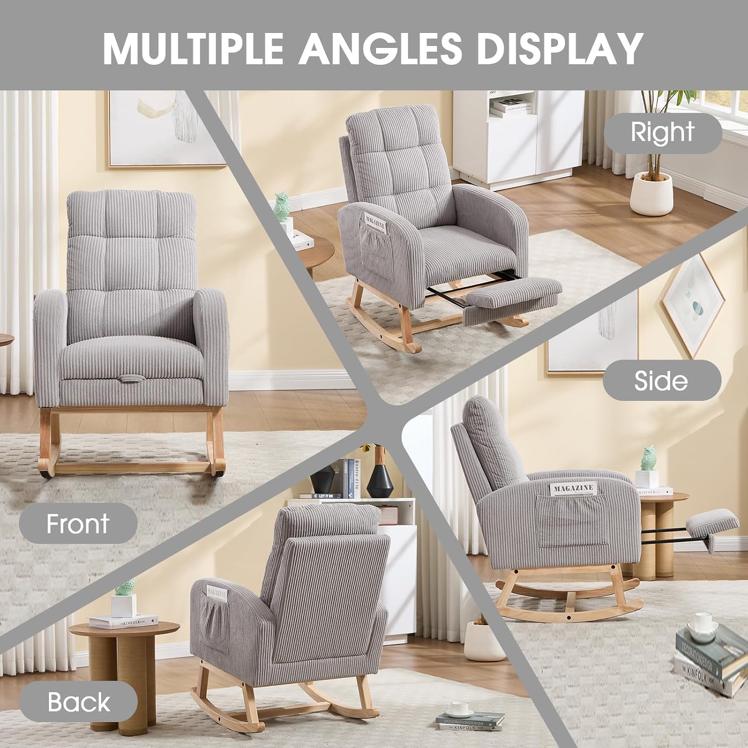 Nursing Rocking Chair, Nursery Glider with Footrest (Grey Retro) | Corduroy Upholstered Accent Rocking Armchair with High Back & Side Pockets for Living Room Bedroom Office Nursery
