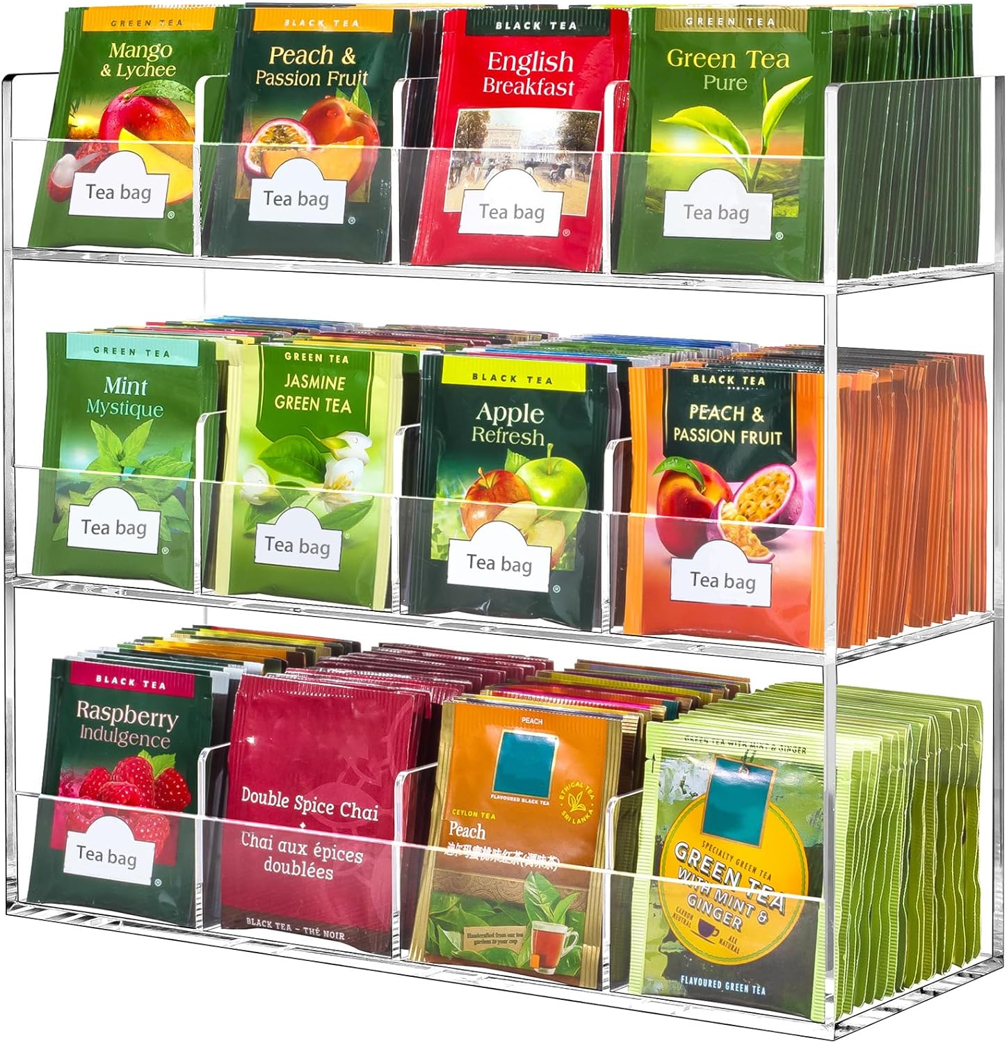 BEYGORM Acrylic Tea Bag Organizer for 216 Tea Packets | No Assembly Required Display Holder for Countertop, Vertical Tea Bag Caddy for Cabinet, Tea bar Accessories, Teabags Storage