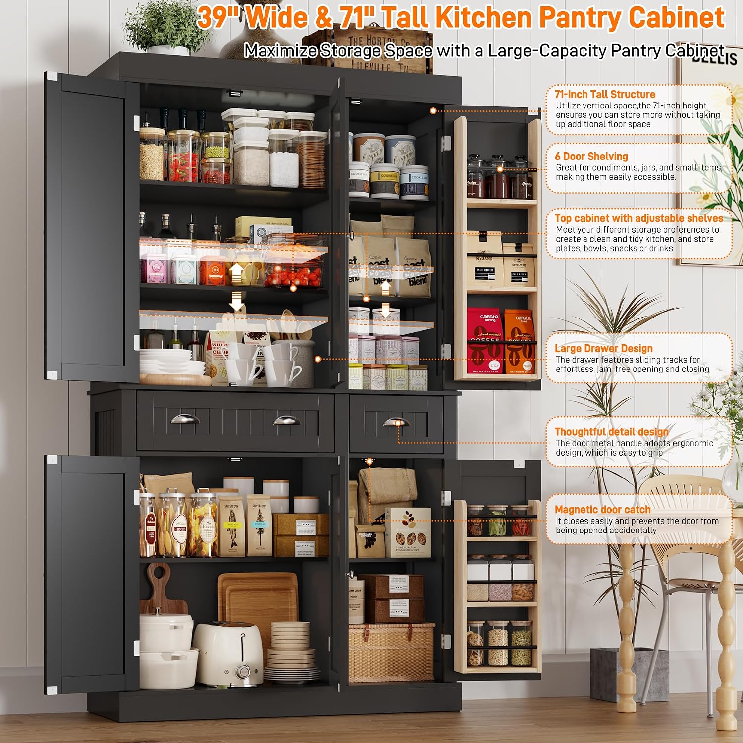 71" Tall Kitchen Cabinet Pantry Storage,Modern Kitchen Hutch Cabinet with Doors and Adjustable Shelves,Large Freestanding Food Pantry with 2 Drawer for Dining Room, Living Room, Hallway,Black