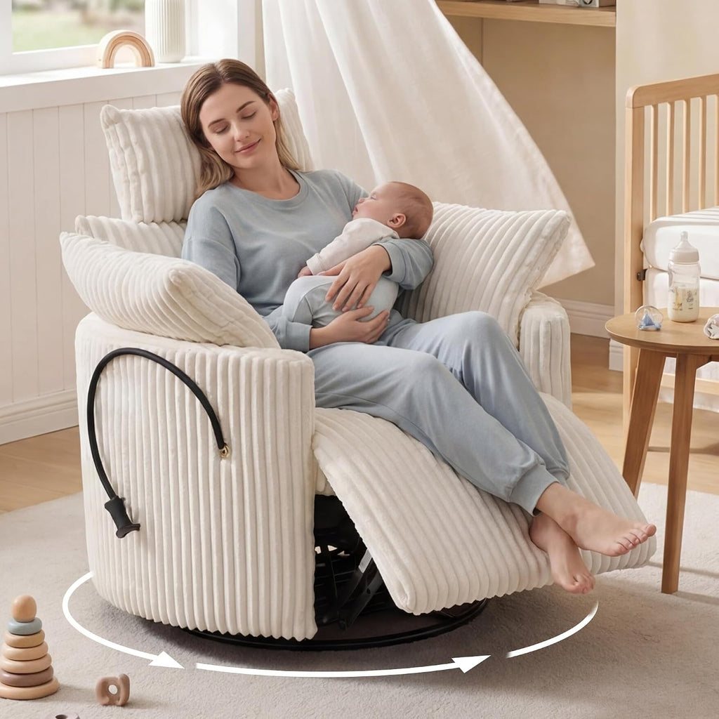 Manual Nursery Glider Recliner with 4" Height and 55° Angle Adjustable Headrest, 360° Silent Swivel Rocking Chair, Phone Holder and 2 Pillows, 400 LBS, Corduroy, White