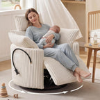 Manual Nursery Glider Recliner with 4" Height and 55° Angle Adjustable Headrest, 360° Silent Swivel Rocking Chair, Phone Holder and 2 Pillows, 400 LBS, Corduroy, White