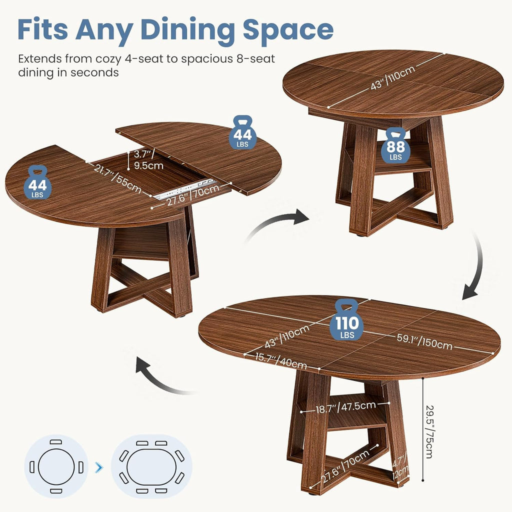 Extendable Round Dining Table for 4-8, Space Saving Kitchen Wooden Table with Storage Shelf and Sturdy Base for Kitchen, Dining, Living Room, Brown