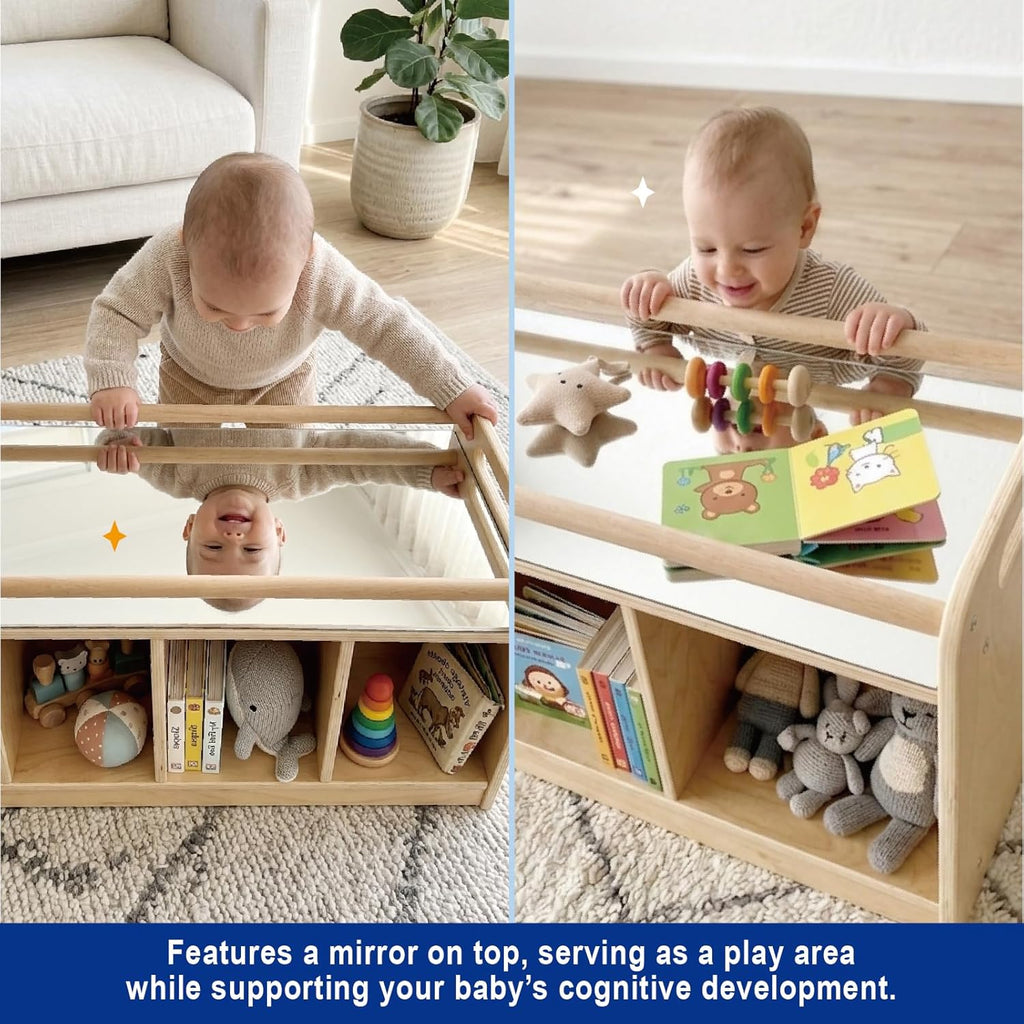 Montessori Shelf with Activity Top and Mirror, Birch Plywood Toy Storage Cabinet, Wooden Toddler Tummy Time Furniture for Home, Daycare Cubbies, Preschool, Playroom, Nursery, Kindergarten