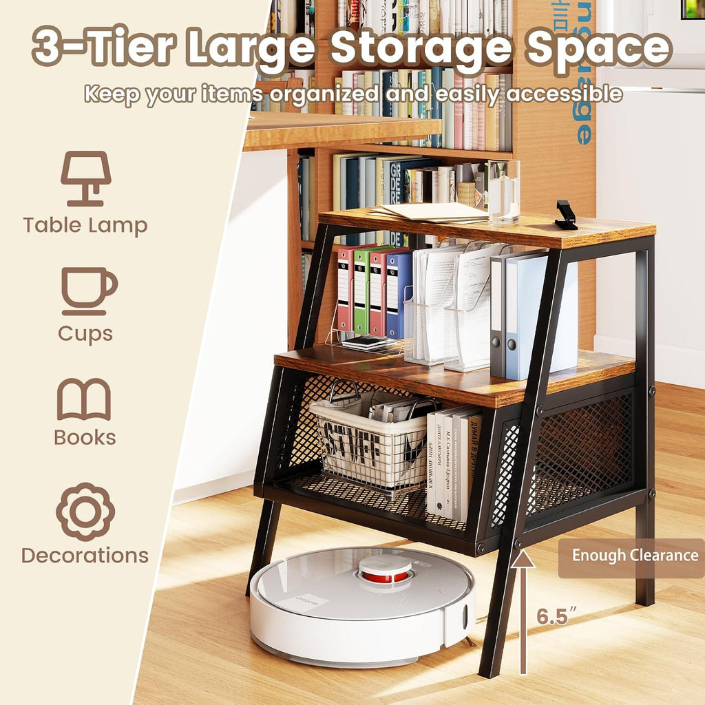 Giantex Industrial Nightstand, Modern End Table w/Open Shelves & Metal Mesh, 3-Tier Sofa Side Table w/Sturdy Trapezoidal Metal Frame, Night Stand for Bedroom, Small Spaces, Rustic Brown (1)