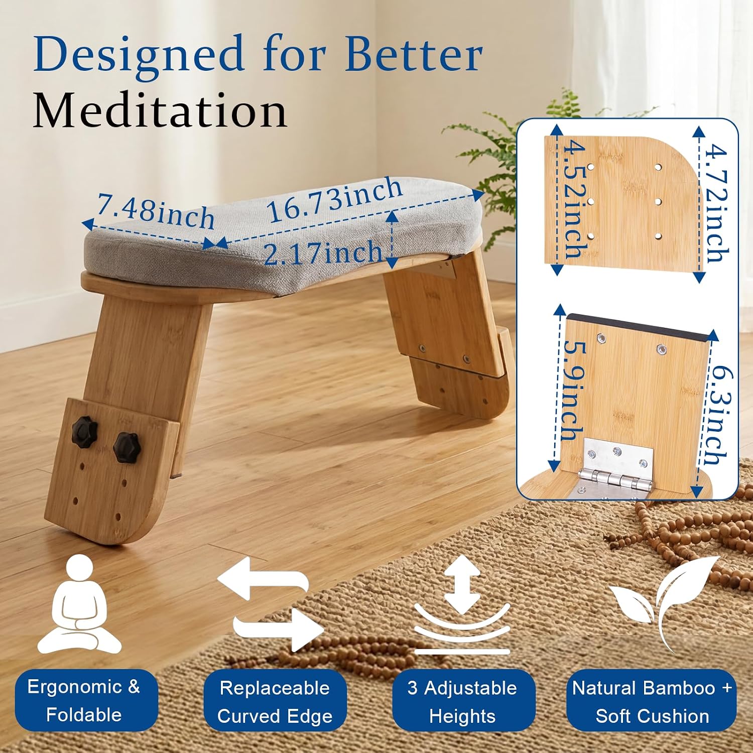 Adjustable Meditation Bench with Cushion, Portable Folding Bamboo Meditation Stool, Ergonomic Kneeling Stool Chair, Portable Yoga Bench Seiza Prayer Bench with Carry Bag & Non-Slip Pads
