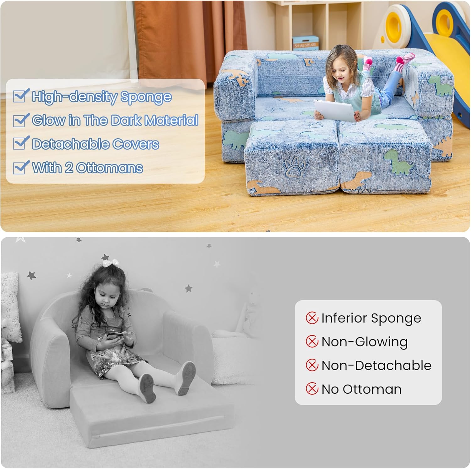 furlinkhm Toddler Couch, Glow in The Dark Kids Play Couch Toddler Fold Out Couch, Kids Fold Out Couch for playroom, Convertible Baby Fold Out Play Foam and Floor Cushion for Bedroom, Blue+Dinosaur