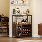 IDEALHOUSE Wine Bar Rack Cabinet with LED Light, Adjustable Shelves Coffee Bar Cabinet with Mesh Door and Baffle Design, 36″ Tall Small Liquor Bar Cabinet for Home, Kitchen, Dinning Room, Rustic Brown