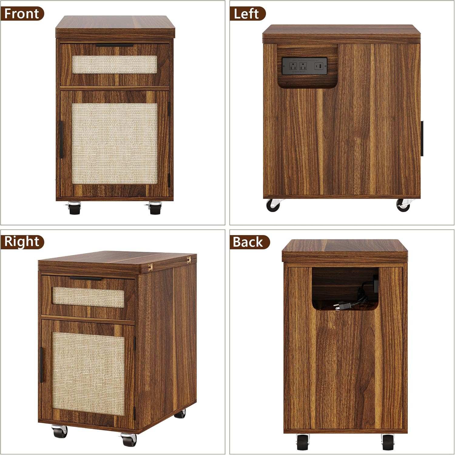 iPormis End Table with Charging Station, 15.7''-31.5'' Narrow Folding Side Table with Flip Top & Drawer, Wooden Sofa Couch Table with Storage Cabinet & Wheels, for Small Spaces Living Room, Walnut