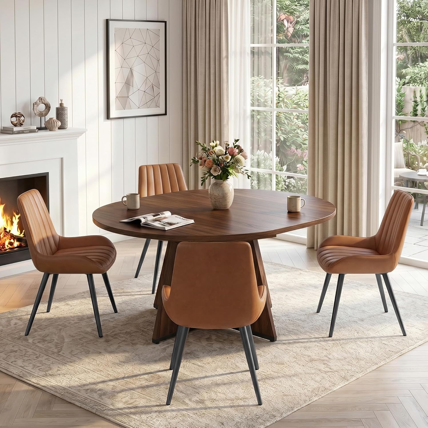 Miereirl Extendable Dining Table Set for 4-6, 47.24"-63" Round to Oval Dining Table Set with Upholstered Chairs, Hidden Storage Shelf, Kitchen & Dining Room Furniture for Apartment