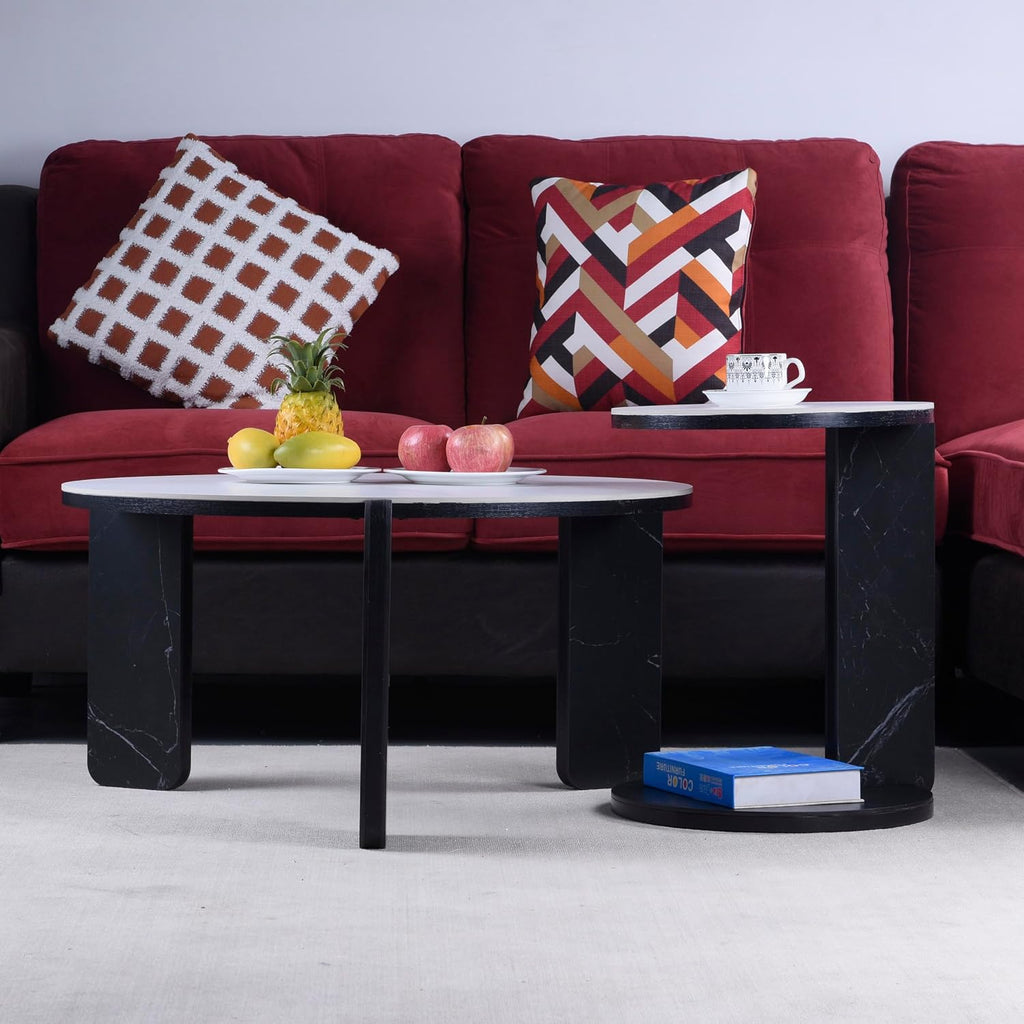 Set of 2 Round Nesting Coffee Table for Small Place, living room end table with white sintered stone top, 32.68" + 16.93" diameter Side Table Night Stand for Bed Room Dining Room, 83+ 43 cm sofa table