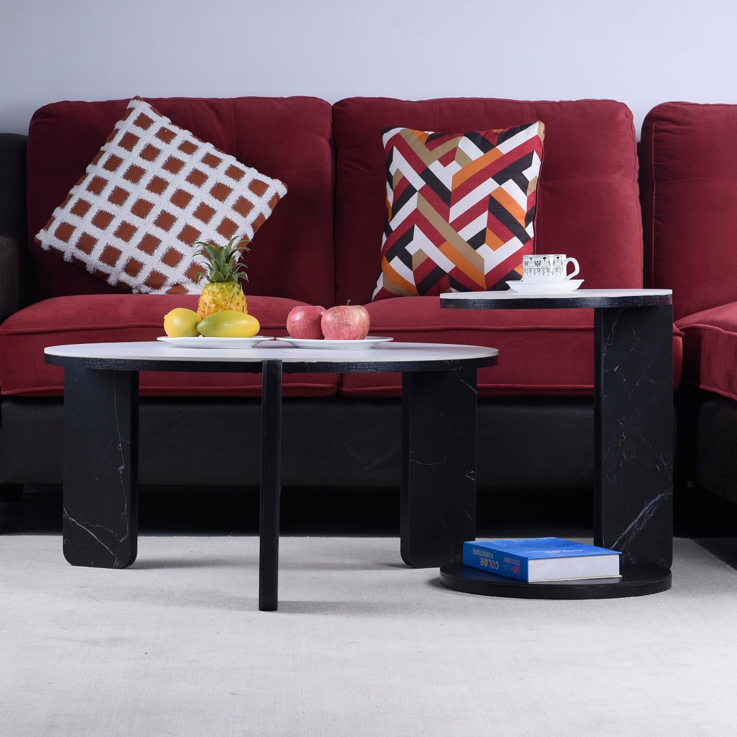 Set of 2 Round Nesting Coffee Table for Small Place, living room end table with white sintered stone top, 32.68" + 16.93" diameter Side Table Night Stand for Bed Room Dining Room, 83+ 43 cm sofa table