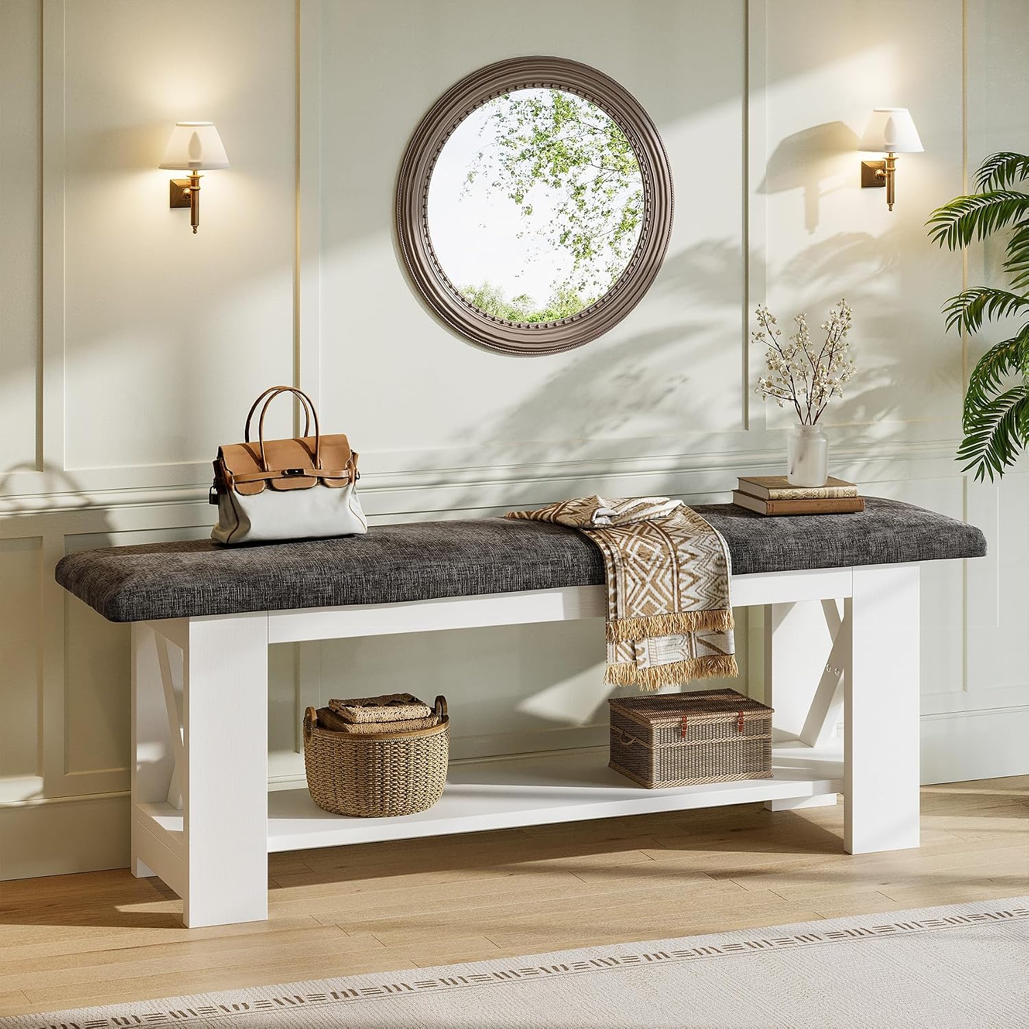 Tribesigns 47" Farmhouse Entryway Bench with Padded Cushion, Farmhouse Wooden Shoe Rack Storage Bench, 2-Tier White Accent Organizer Seat for Hallway, Living Room, Bedroom