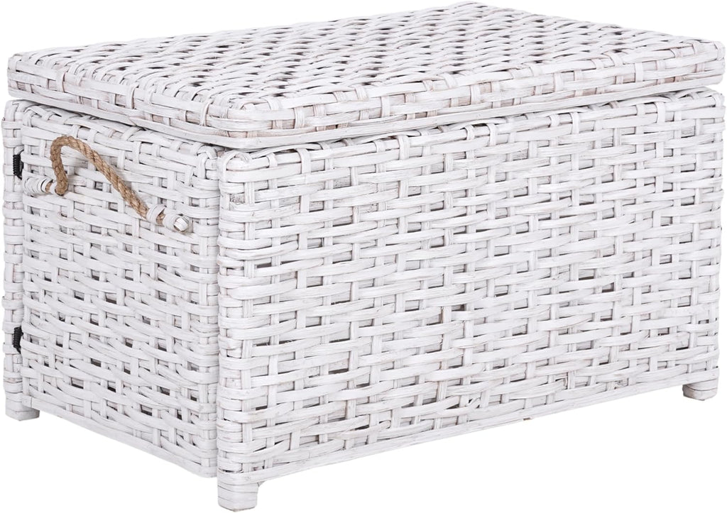 happimess HPM9003E Jacob 31.5" Handwoven Wicker Storage Trunk, Distressed White, Collapsible for flat storage, for Office, Dorm Room, Entryway, Bedroom, Dining Room