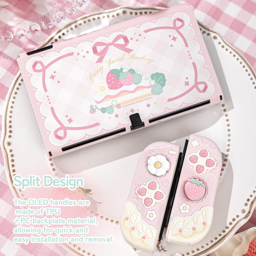 GeekShare Strawberries with Cream Case Compatible with Switch OLED, Soft Silicone Slim Protective Cover with Separable Shell and 2 Thumb Grips (Pink)