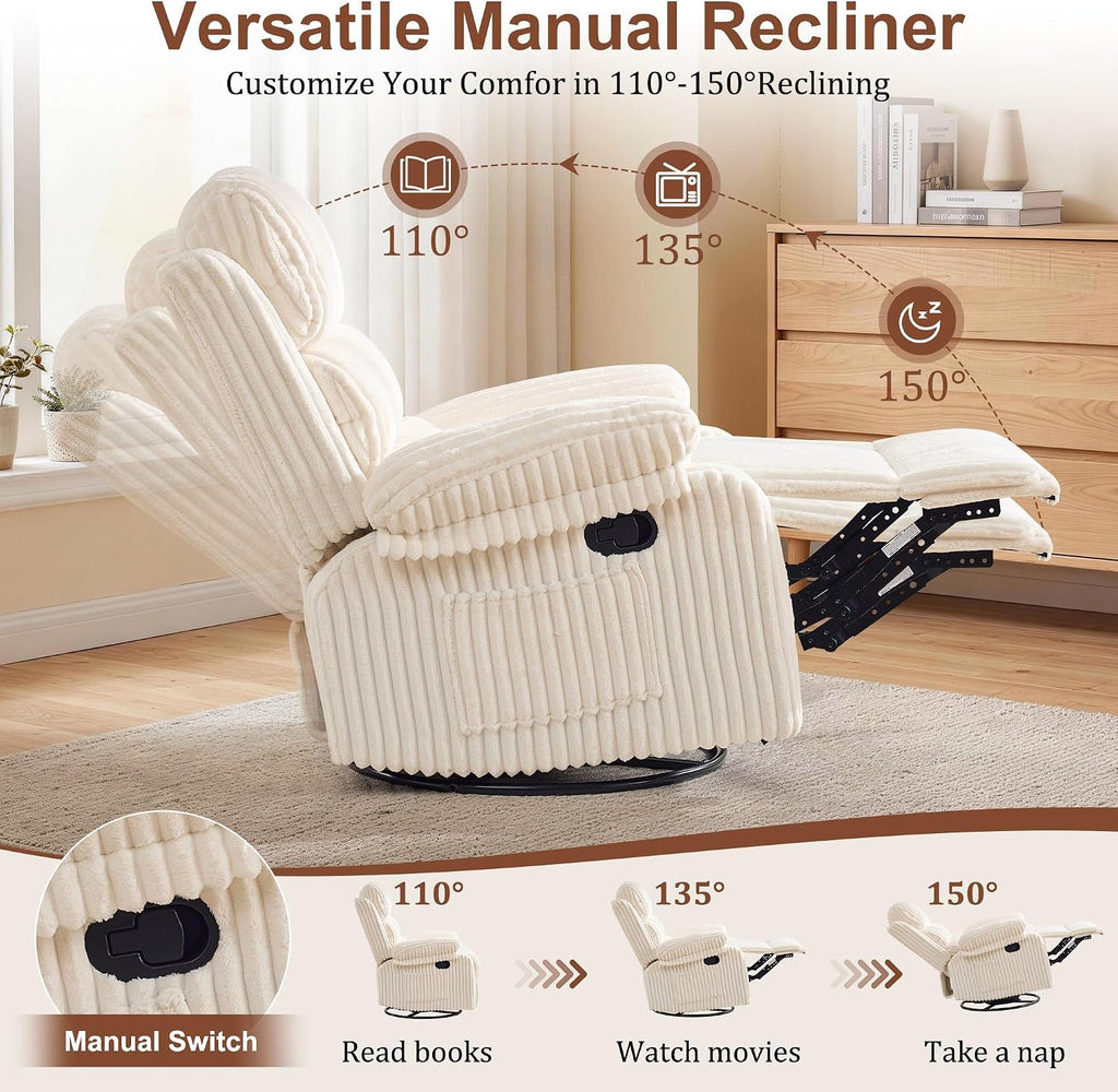 Korser Rocking Recliner Chair, Nursery Rocker Chair for Adults, Small Recliners for Small Spaces, Swivel Rocker Recliner with Cushion, Upholstered Rocking Chairs for Living Room, RV, Corduroy