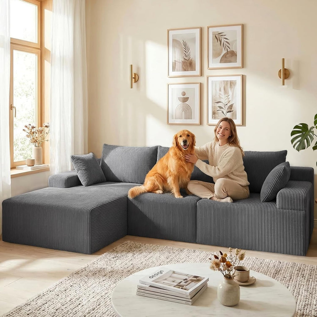 kinmars 108" Boneless Sectional Couch,Corduroy Cloud Couch Sectional for Living Room,Modern L Shaped Modular Sectional Couch,3 Seater Sofa (Dark Gray, 108.9" L Shaped with Left Facing Chaise)