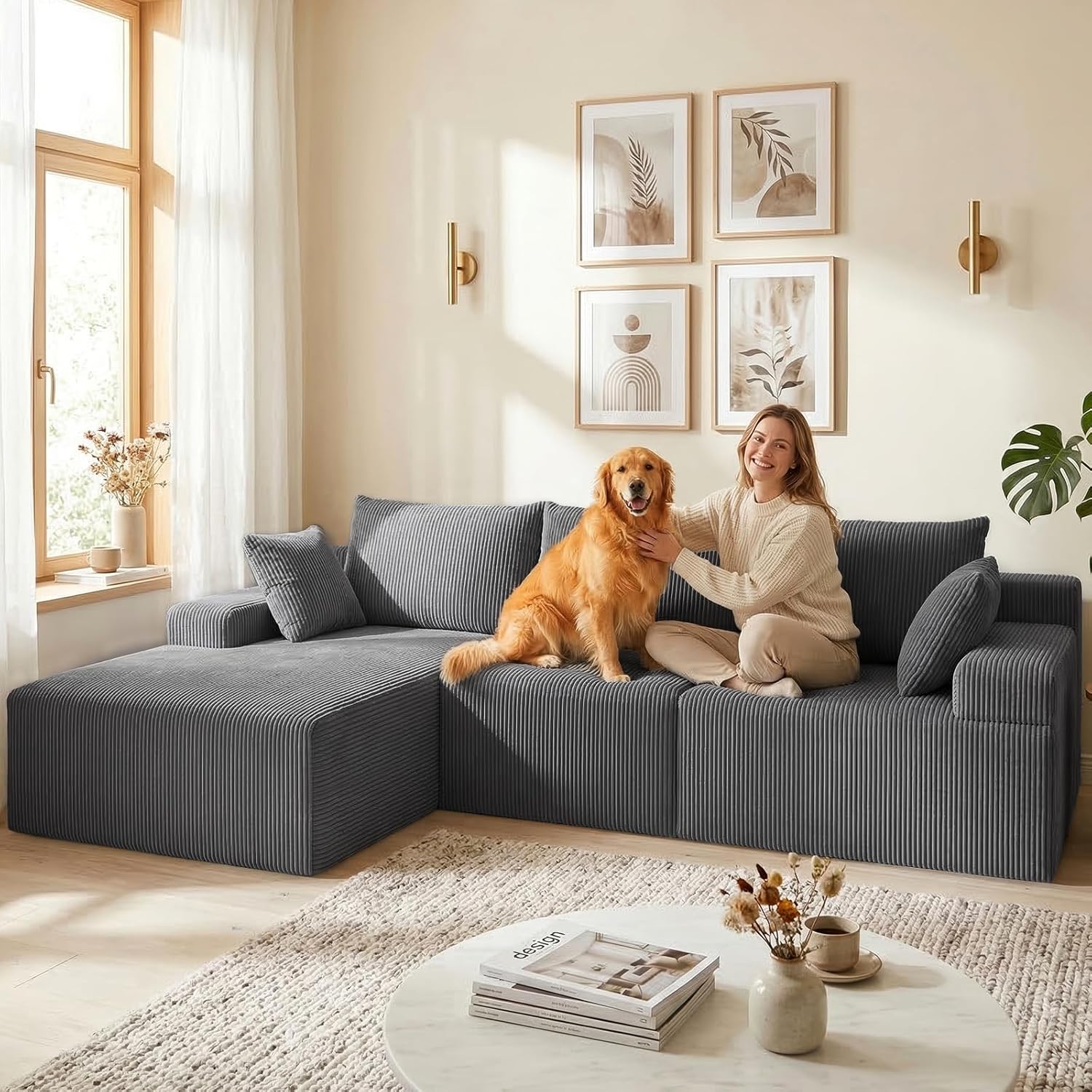kinmars 108" Boneless Sectional Couch,Corduroy Cloud Couch Sectional for Living Room,Modern L Shaped Modular Sectional Couch,3 Seater Sofa (Dark Gray, 108.9" L Shaped with Left Facing Chaise)