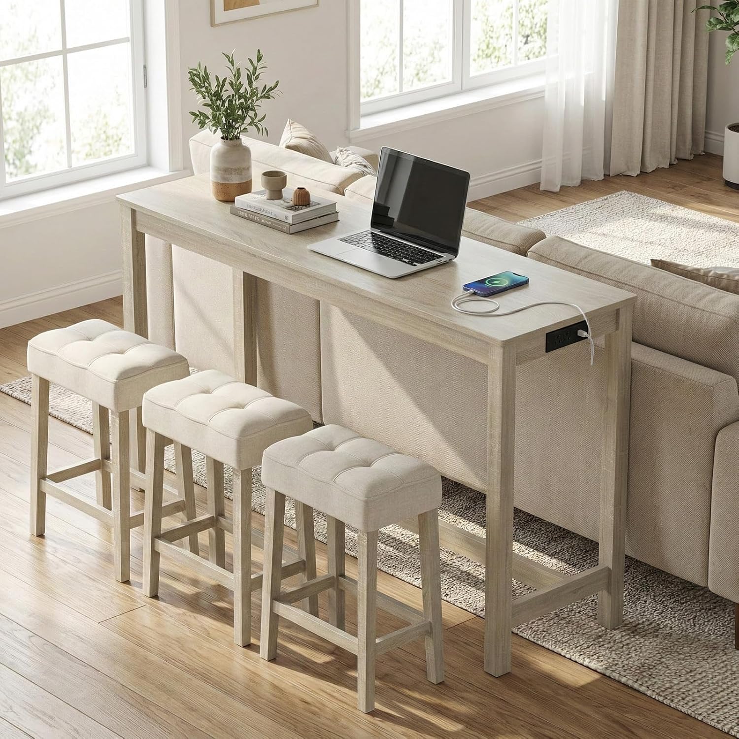 COSTWAY 4-Piece Breakfast Nook Bar Set with Built-in Charging Station, Counter Height Table with 3 Stools, Farmhouse Dining Room Table & Chairs with Wooden Frame & Cushioned Seat for Kitchen, Gray