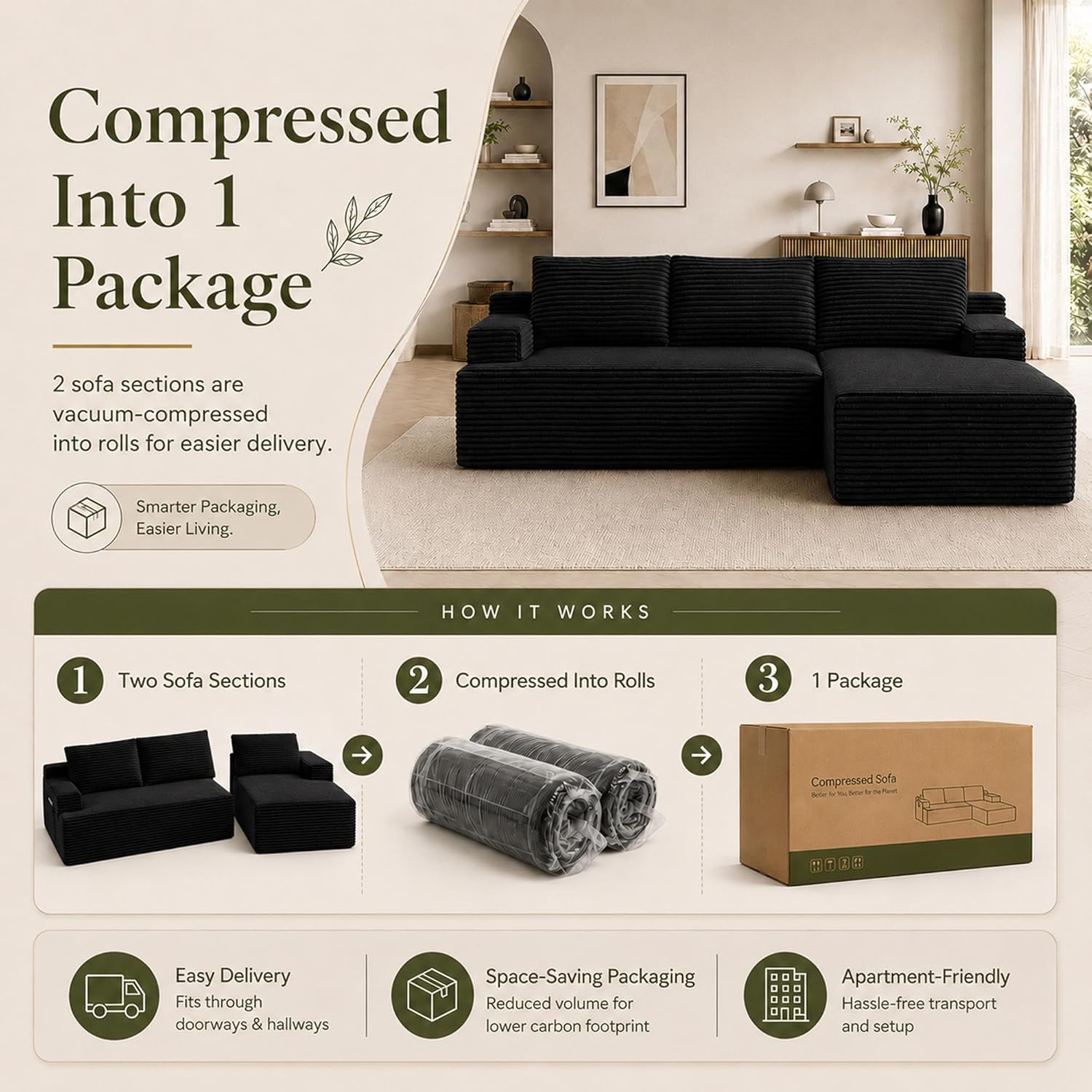 Boneless Couch Comfy Sectional Couches for Living Room,U Shaped Modular Cloud Couch Sofa, Minimalist Modular Sectional Sofa with Deep Seat (Black, 96" L Shaped with Right Facing Chaise)
