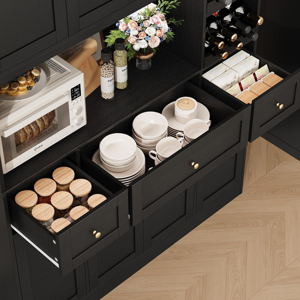 BOTLOG 72" Tall Black Pantry Cabinet, Kitchen Hutch with Wine Rack, Microwave Stand, Buffet Cabinet with Hutch for Dining Room Kitchen, Home Bar Black
