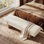 55’’ Upholstered End of Bed Bench, Linen Entryway Bench with Solid Wood Legs, Farmhouse Wooden Dining Room Bench for Bedroom, Living Room, Beige